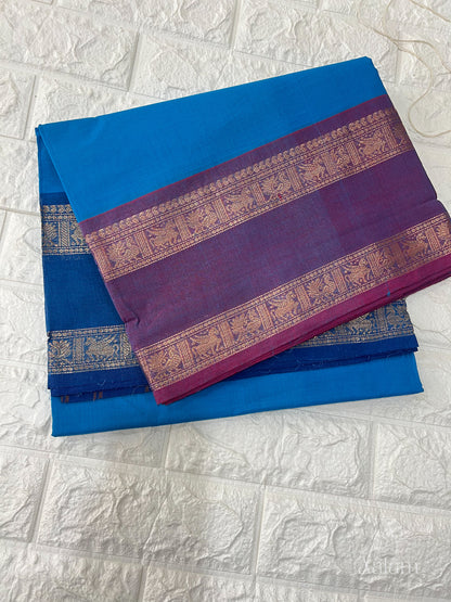 Kanchi Cotton Saree - Blue with Dark blue & Purple Ganga Jamuna Border