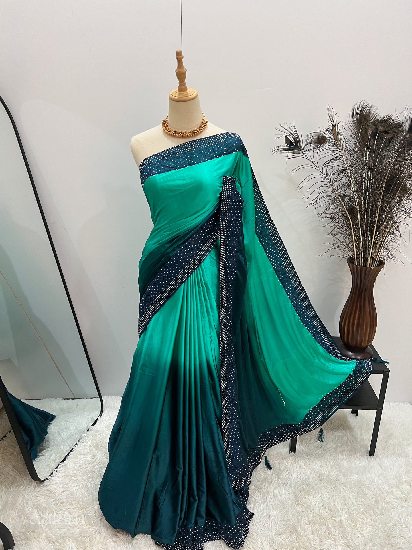 Ombré Satin Stone Saree - Green