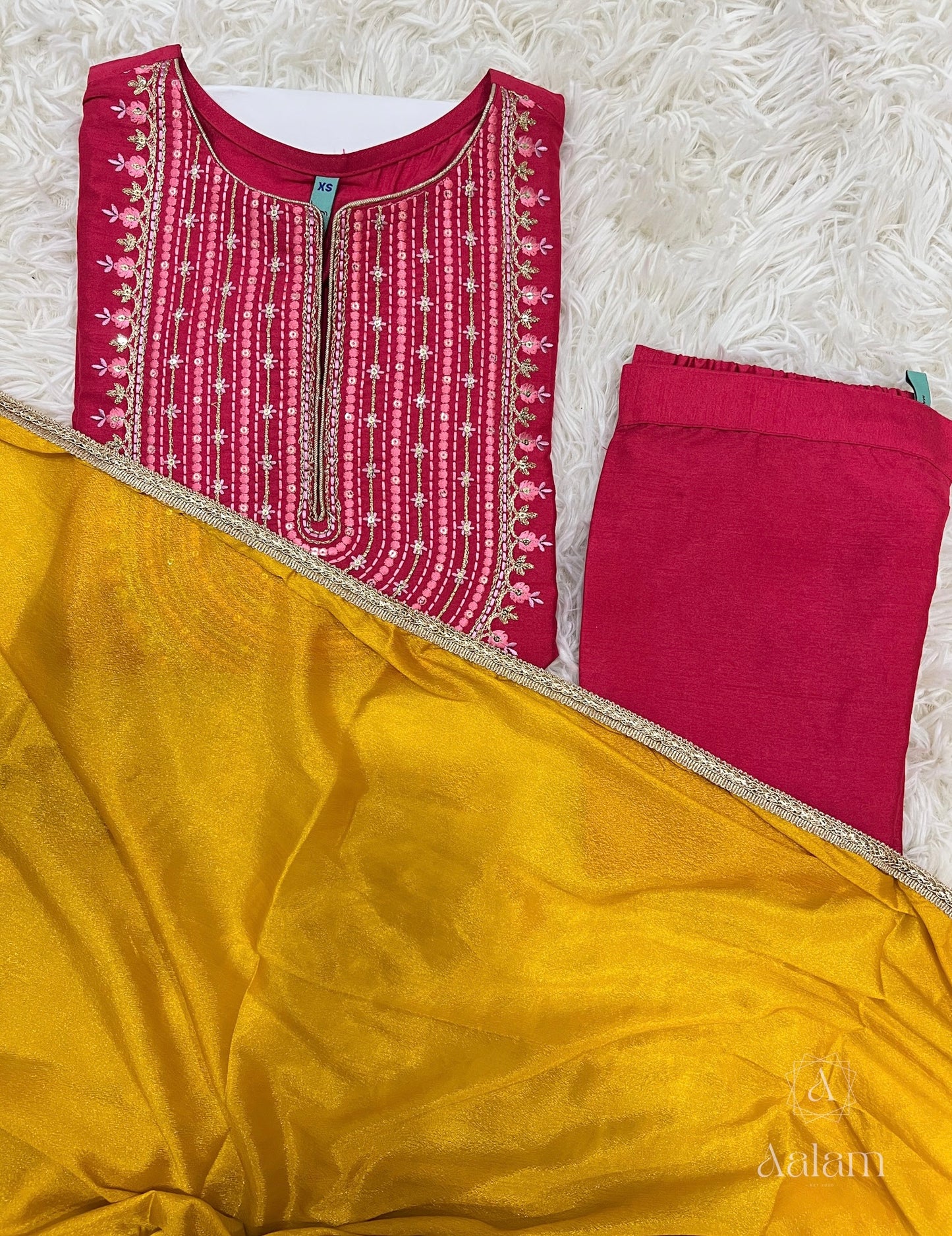 Pink Poly Silk Kurta With Pant & Yellow Dupatta