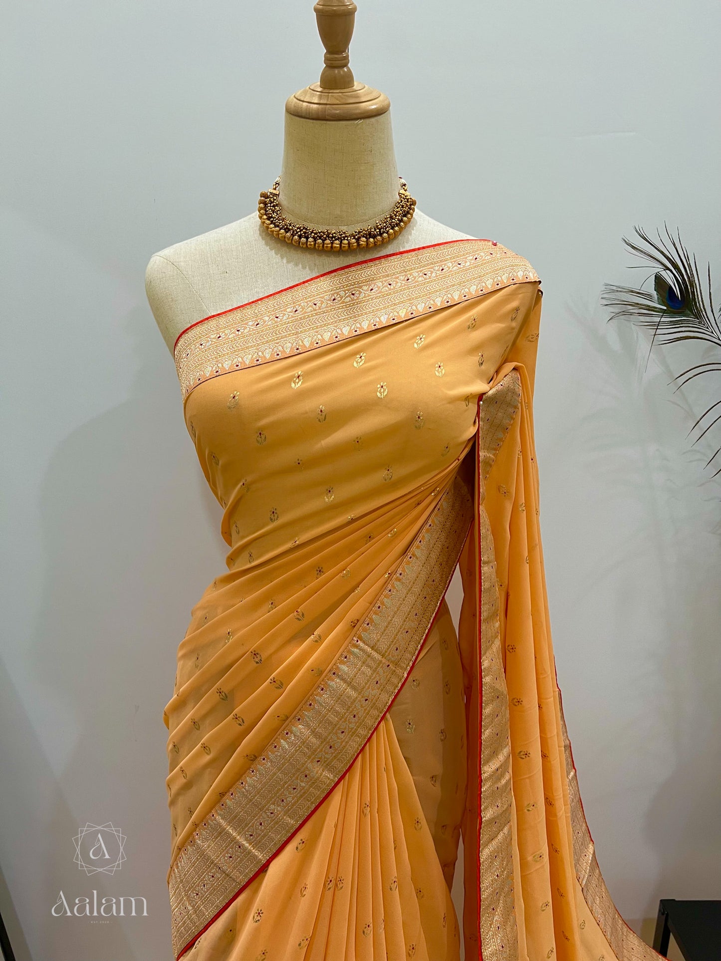 Georgette Foil Print Saree - Pale Orange with tint of Red