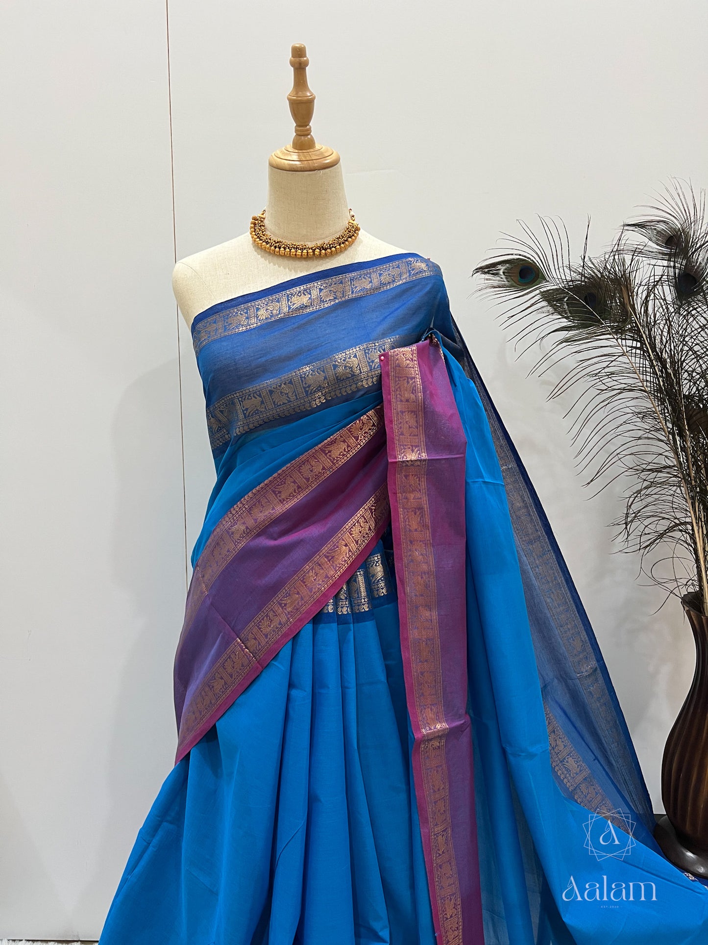 Kanchi Cotton Saree - Blue with Dark blue & Purple Ganga Jamuna Border