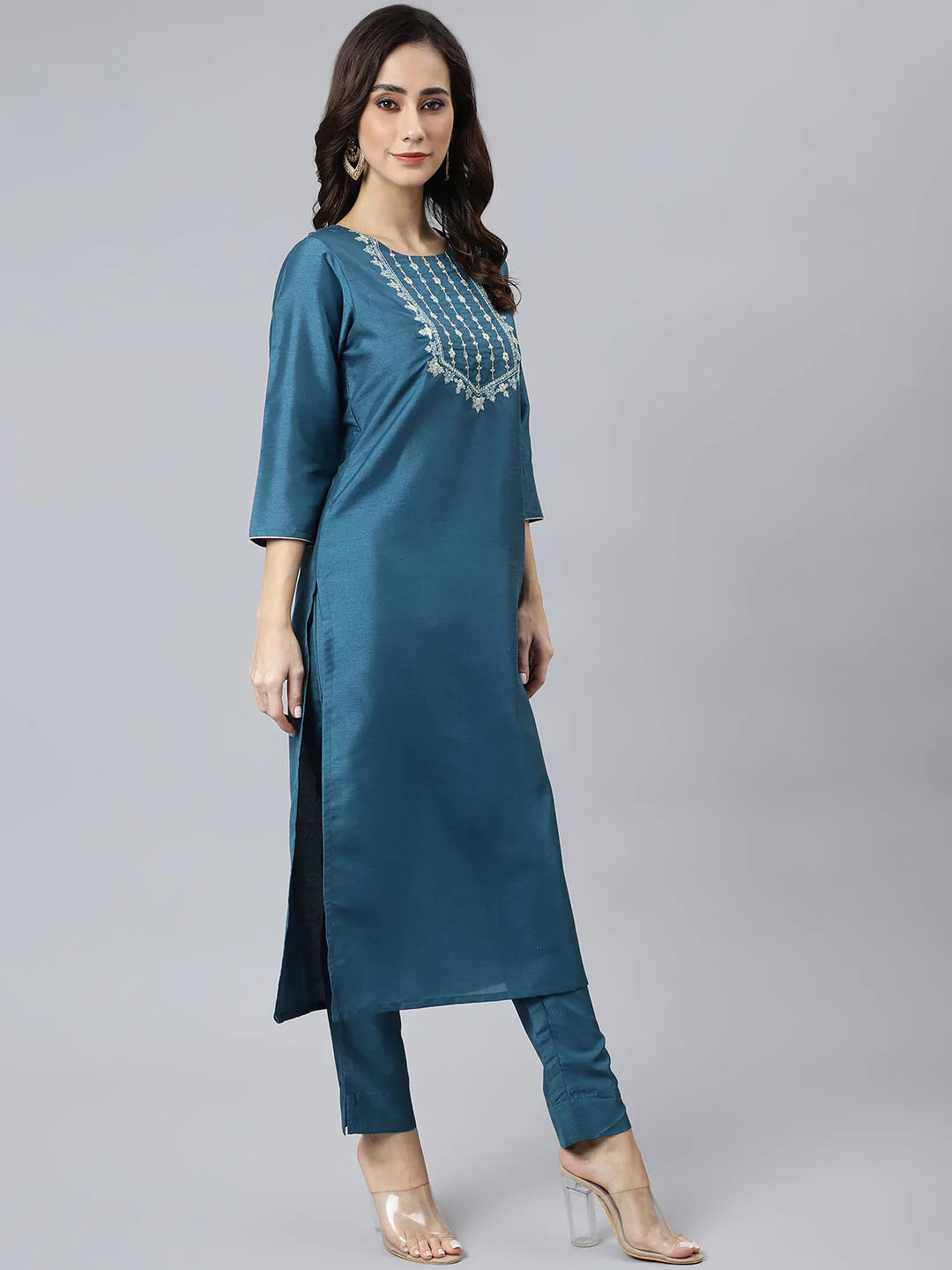 Teal Poly Silk Kurta With Pant & Orange Dupatta