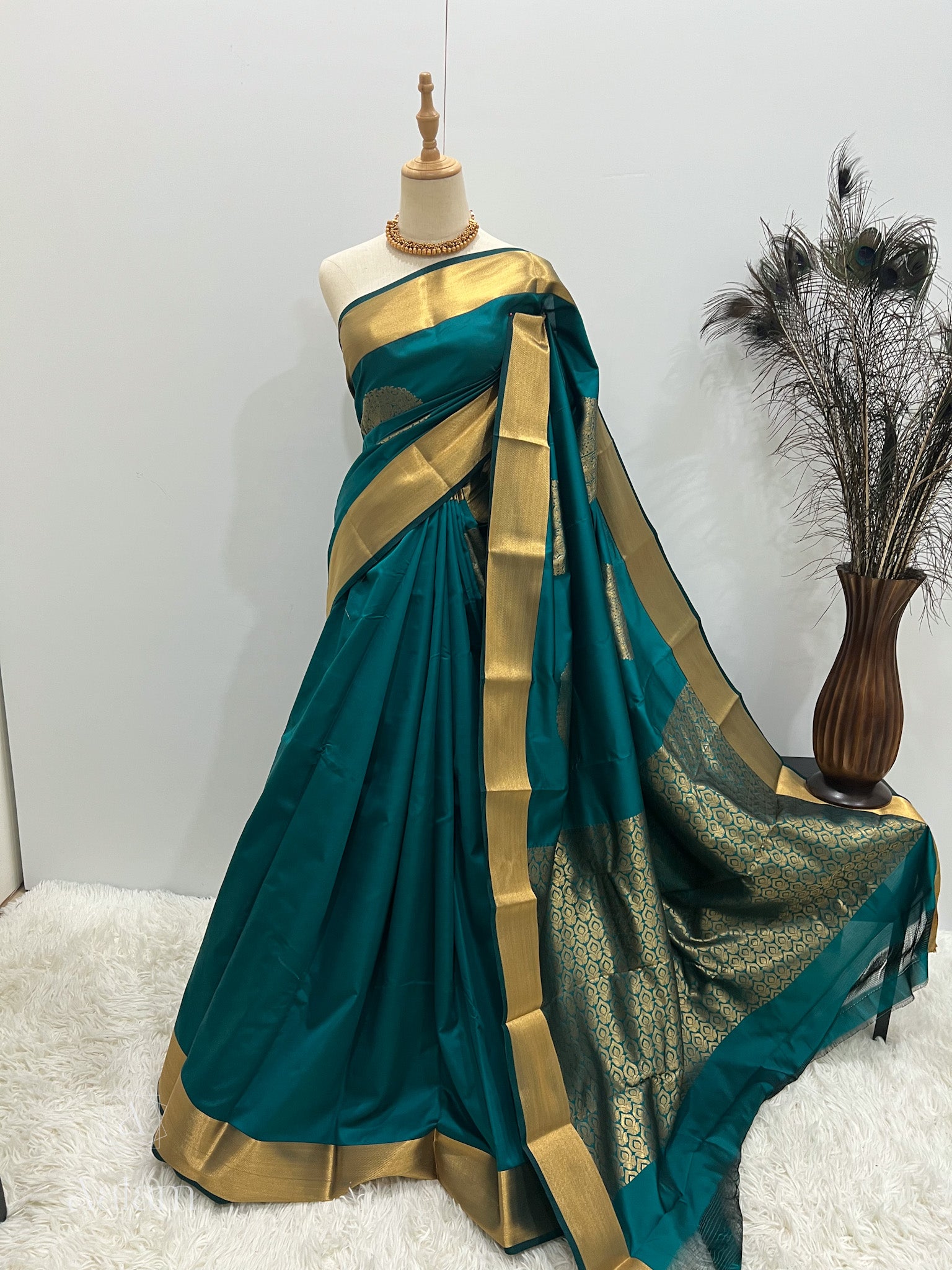 Soft Silk Gold Zari Mandala Saree - Teal