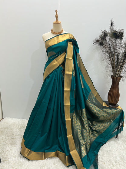 Soft Silk Gold Zari Mandala Saree - Teal