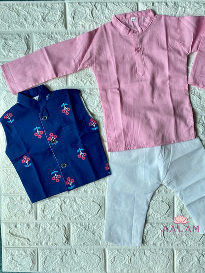 Kurta Pyjama Vest Set in Blue & Baby Pink