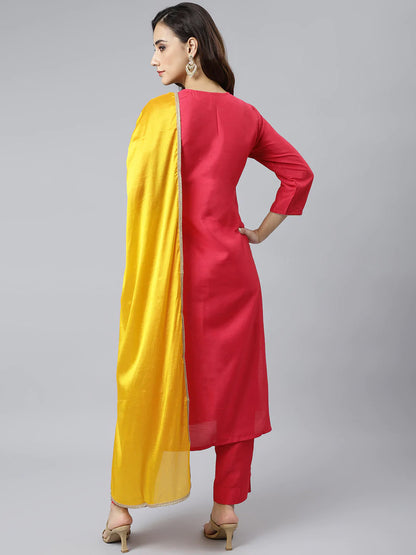 Pink Poly Silk Kurta With Pant & Yellow Dupatta