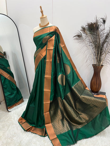 Soft Silk Copper Zari Mandala Saree - Green