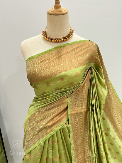 Soft Dupion Silk Copper Zari - Light Green