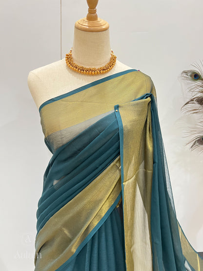 Chiffon Saree with Gold Border - Teal Blue