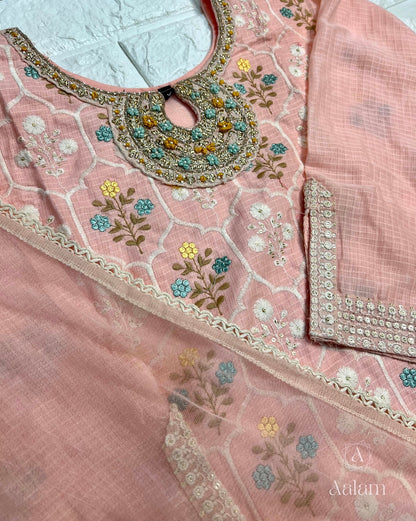 Reha - Cotton Embroidered Sharara Set - Baby Pink & Off-White