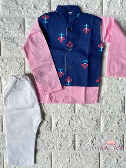 Kurta Pyjama Vest Set in Blue & Baby Pink