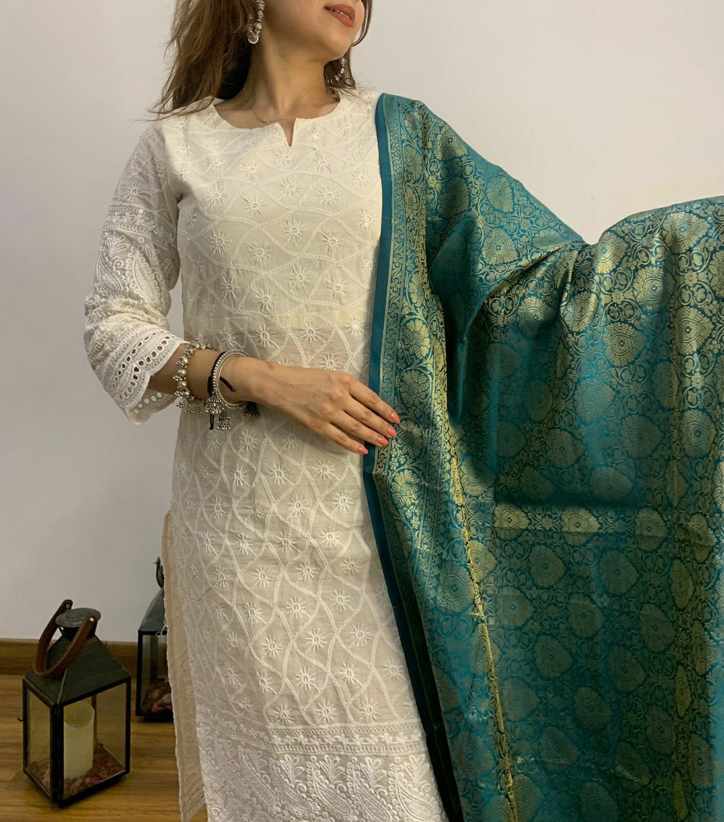 Ayla Chikankari Kurta Set with Banarasi Silk Dupatta Off White T Aalam Clothing