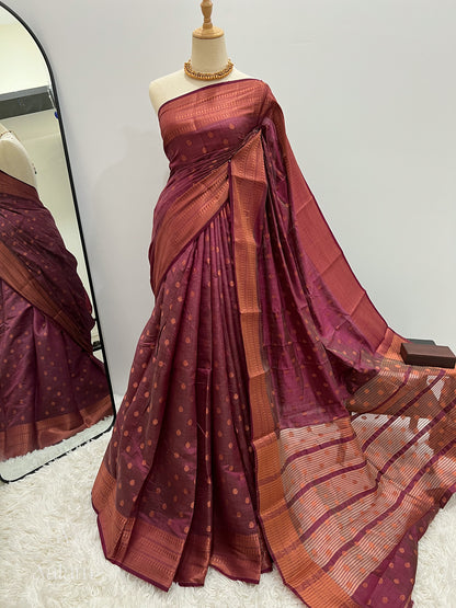 Soft Dupion Silk Copper Zari - Plum