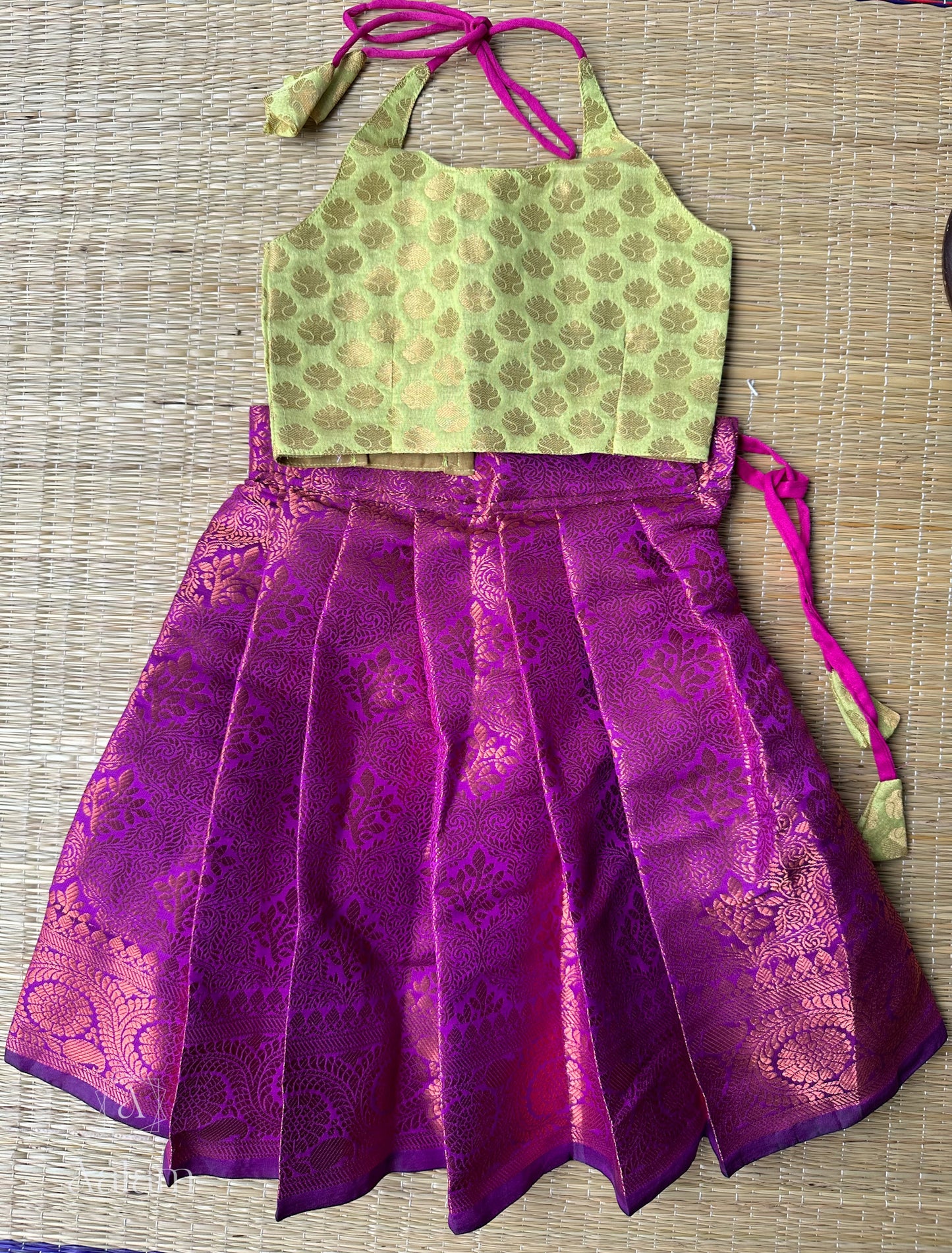 Banarasi Halter Neck Top & Skirt - Green & Purple