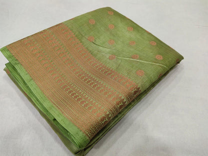 Soft Dupion Silk Copper Zari - Light Green