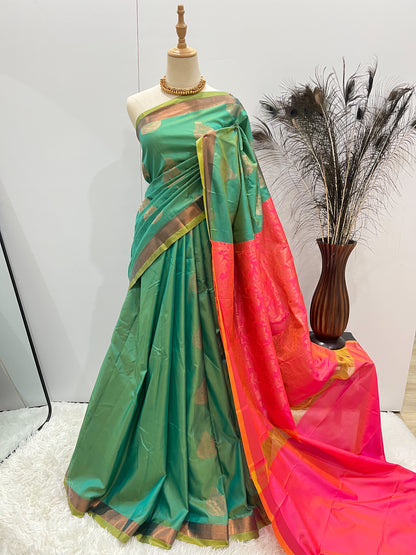 Soft Silk Dual Tone Saree - Green & Pink