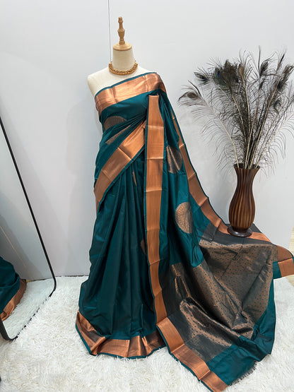 Soft Silk Copper Zari Mandala Saree - Teal