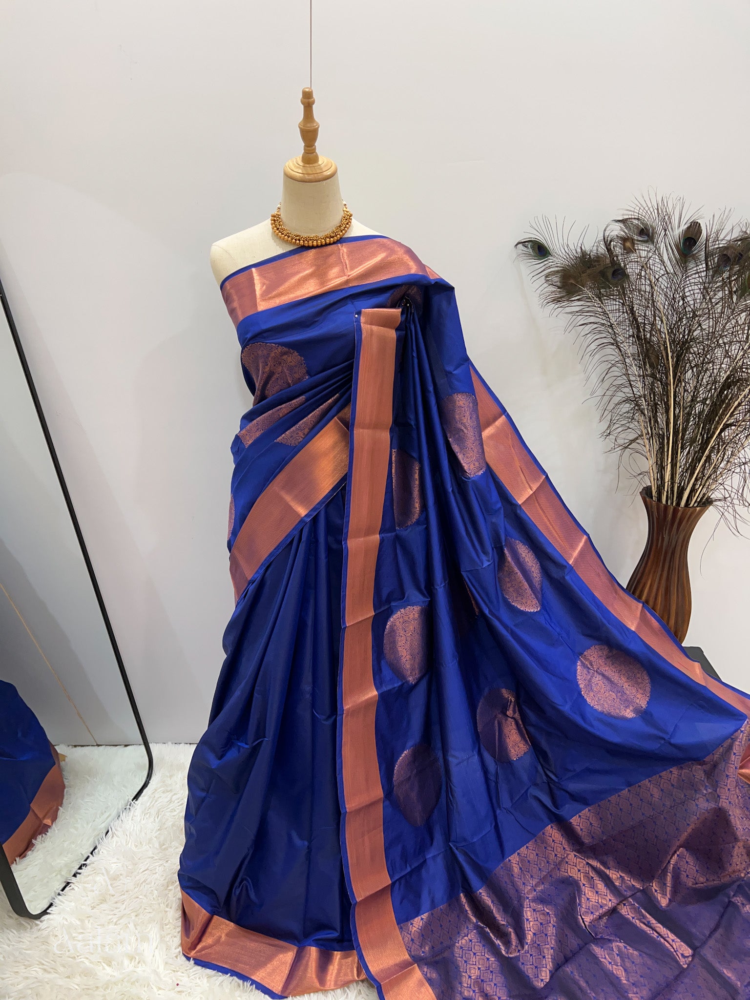 Soft Silk Copper Zari Mandala Saree - Blue