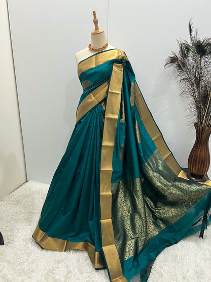 Soft Silk Gold Zari Mandala Saree - Teal