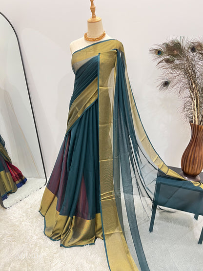 Chiffon Saree with Gold Border - Teal Blue