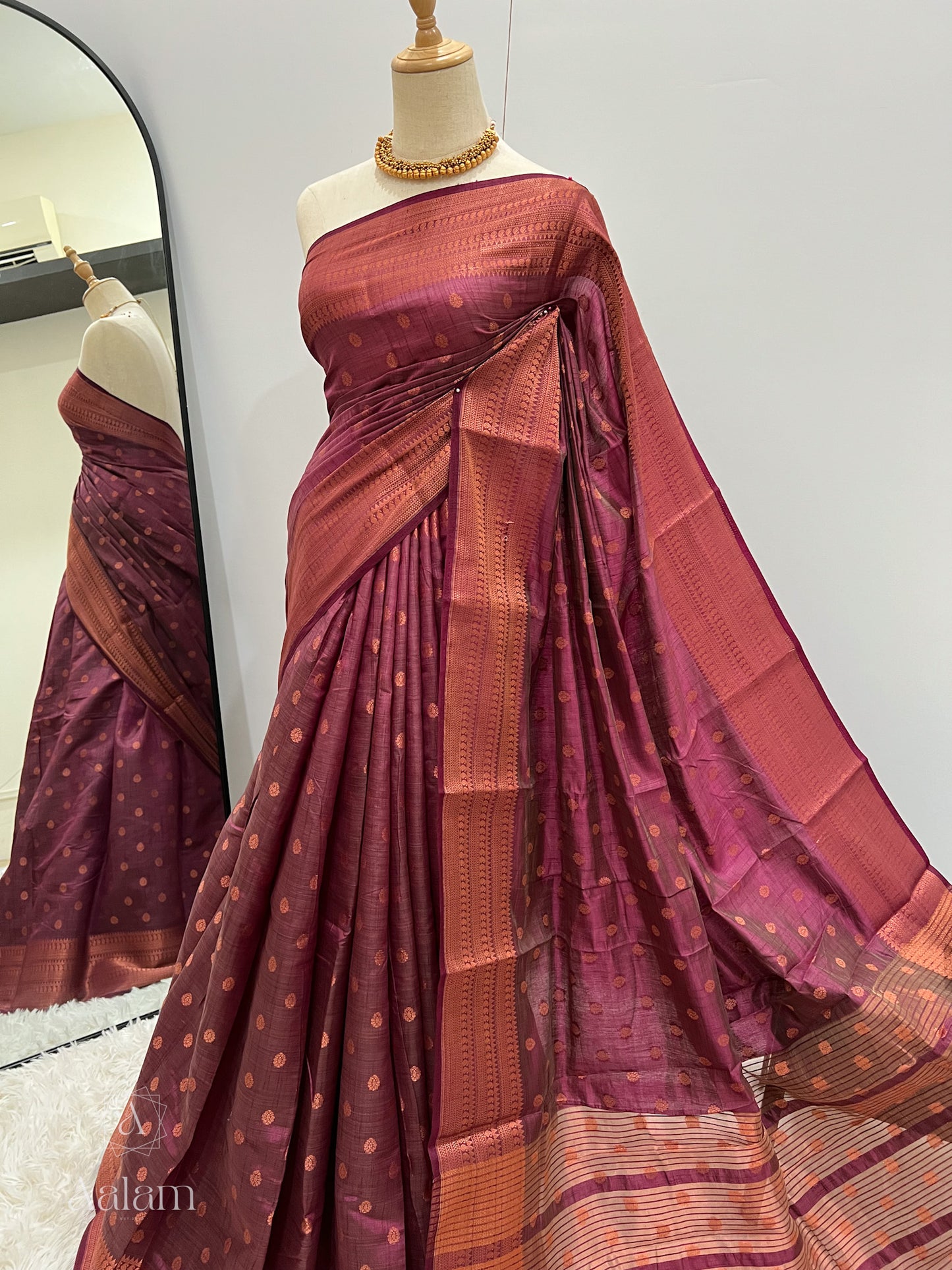 Soft Dupion Silk Copper Zari - Plum