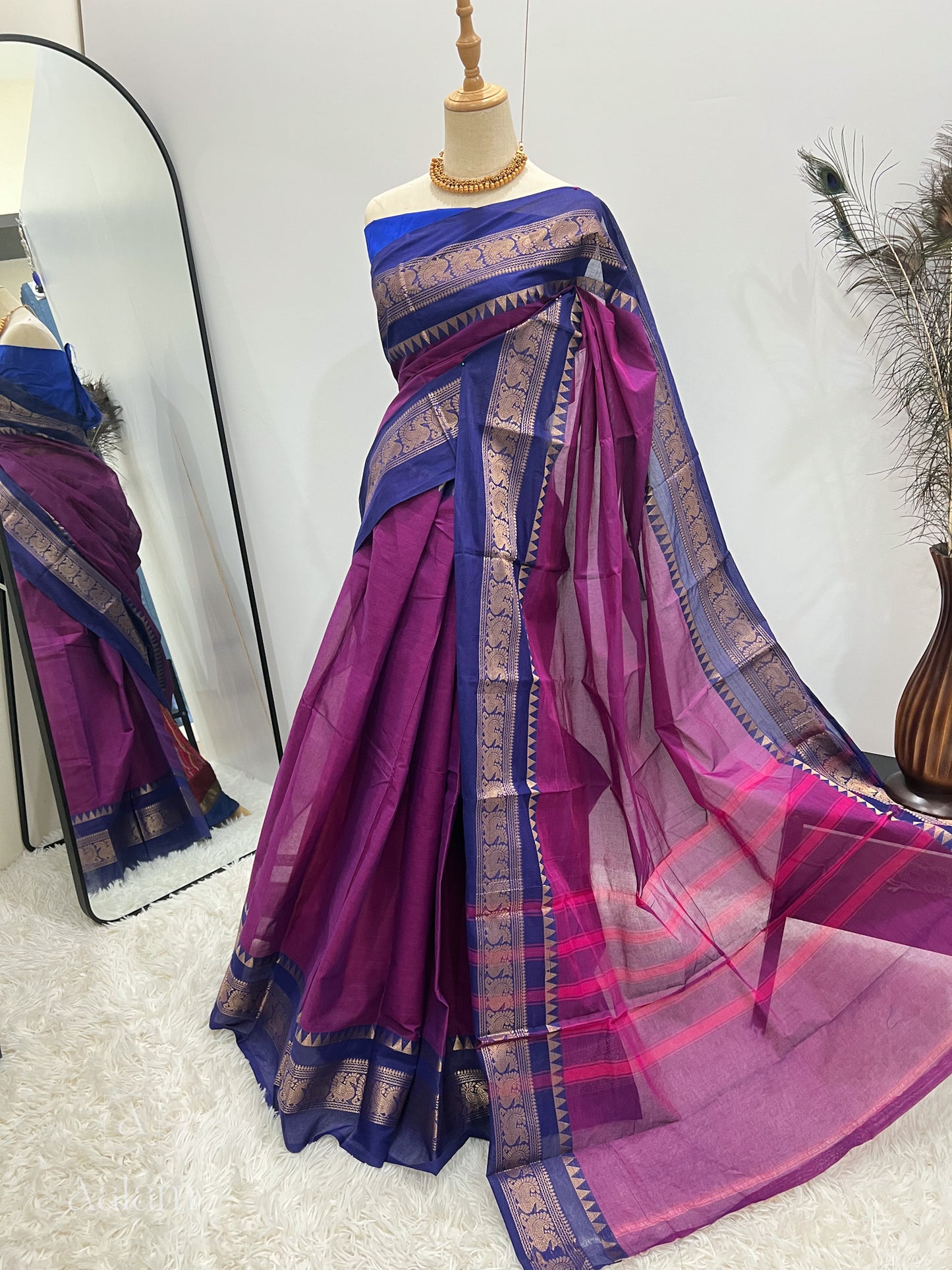 Cotton Saree - Mayil Border  Purple & Blue