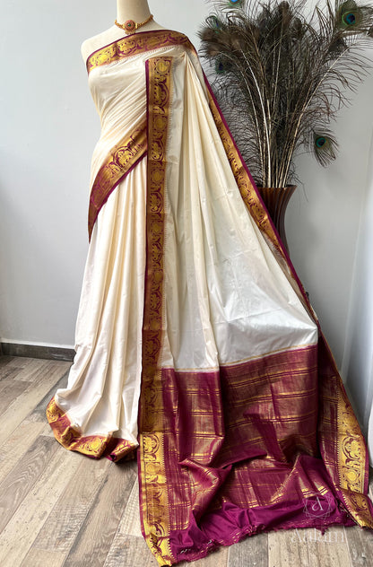 Soft Mysore Crepe Saree - Offwhite-Darkpurple