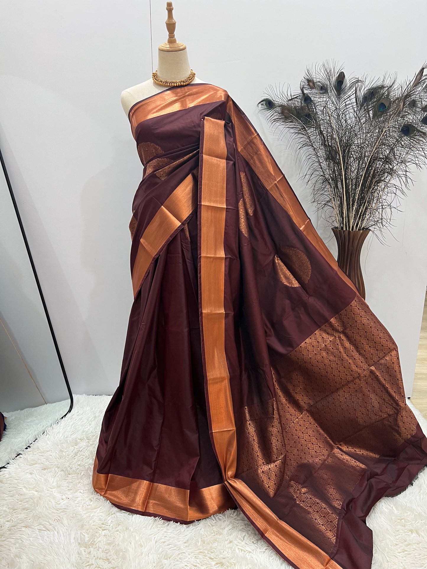 Soft Silk Copper Zari Mandala Saree - Brown