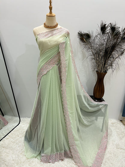 Georgette Embroidery Stone Saree - Mint & Pink