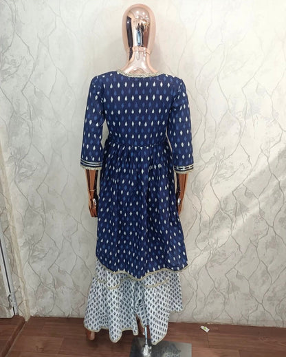 Angrakha Sharara Kurti Set - Indigo & White