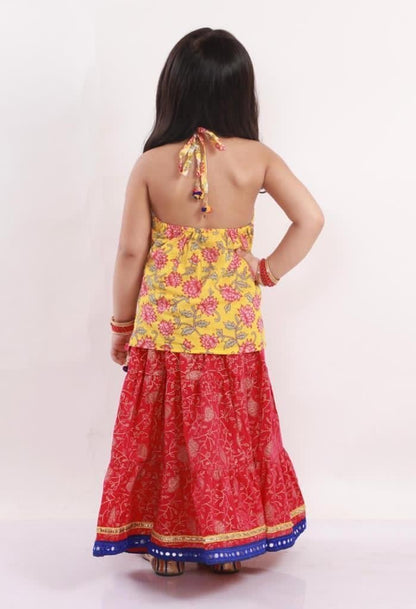 Halter Neck Top with Ethnic Skirt - Pink/Yellow