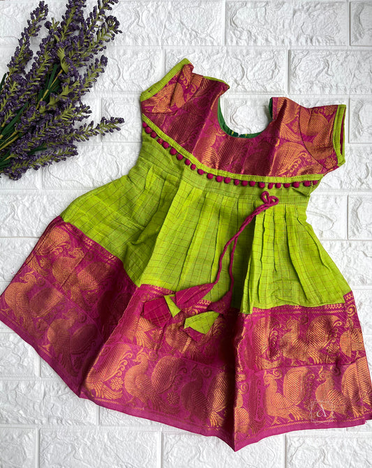 Sungudi Dress - Parrot Green & Pink