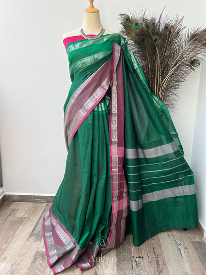 Cotton Saree - Bottle Green & Pink with Silver Zari