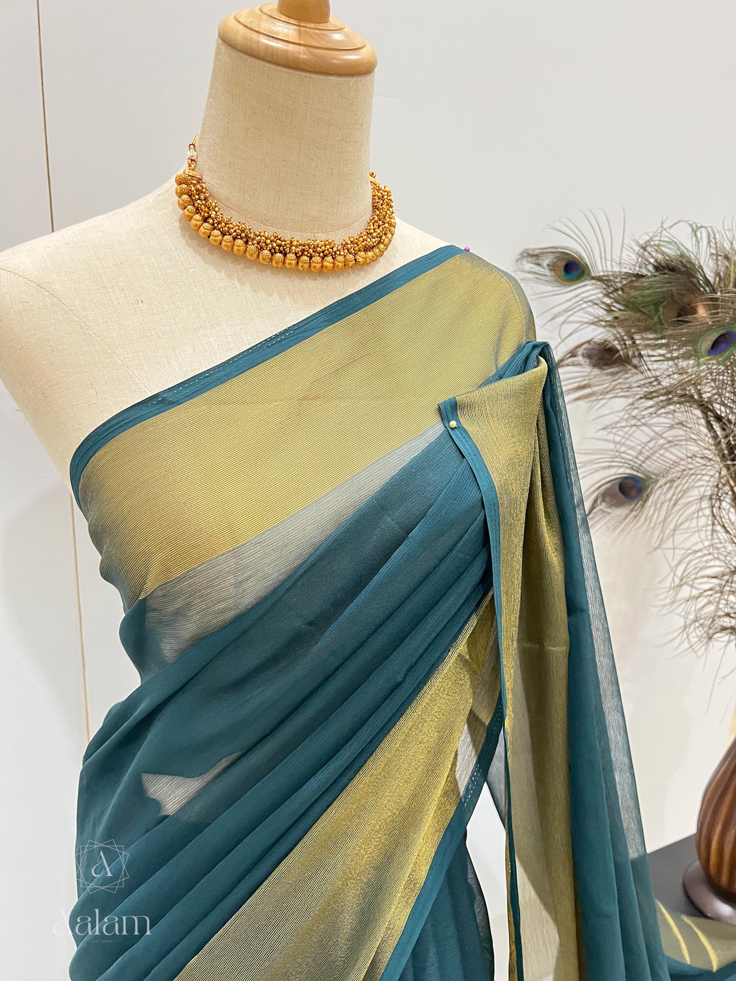 Chiffon Saree with Gold Border - Teal Blue