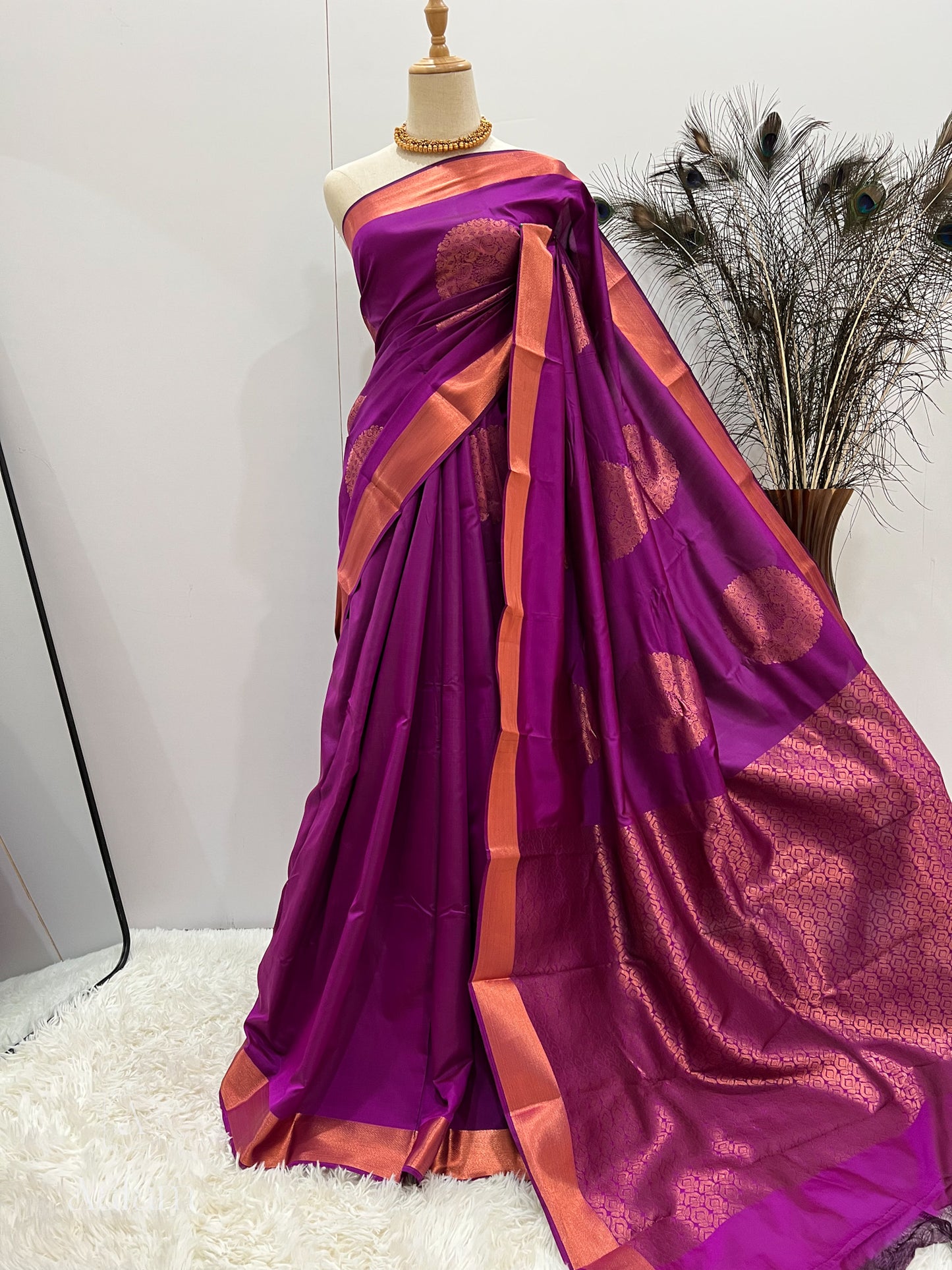 Soft Silk Copper Zari Mandala Saree - Purple Magenta