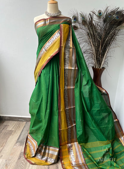 Kanchi Cotton Saree - Green with Silver Zari