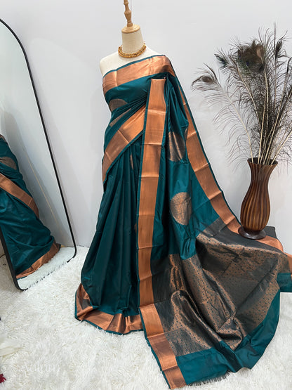 Soft Silk Copper Zari Mandala Saree - Teal