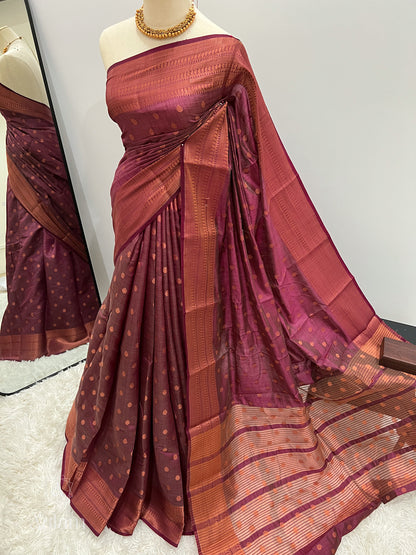 Soft Dupion Silk Copper Zari - Plum