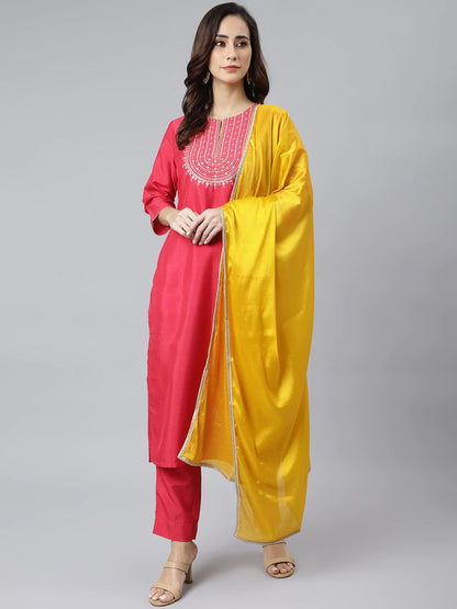 Pink Poly Silk Kurta With Pant & Yellow Dupatta