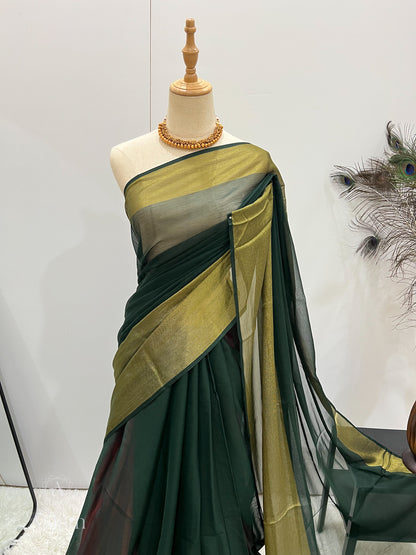 Chiffon Saree with Gold Border - Emerald Green