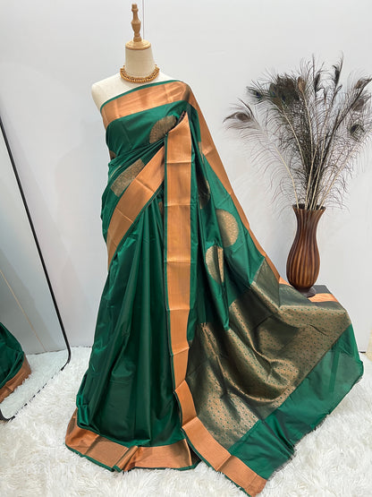 Soft Silk Copper Zari Mandala Saree - Green