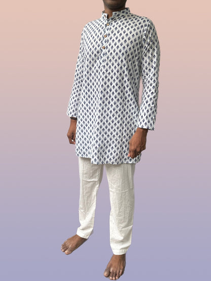 Pure Cotton Kurta Pyjama Set - Indigo & White (Men)