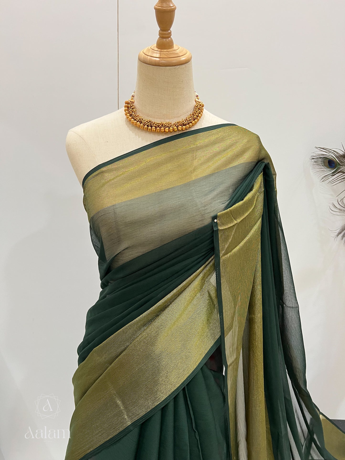 Chiffon Saree with Gold Border - Emerald Green