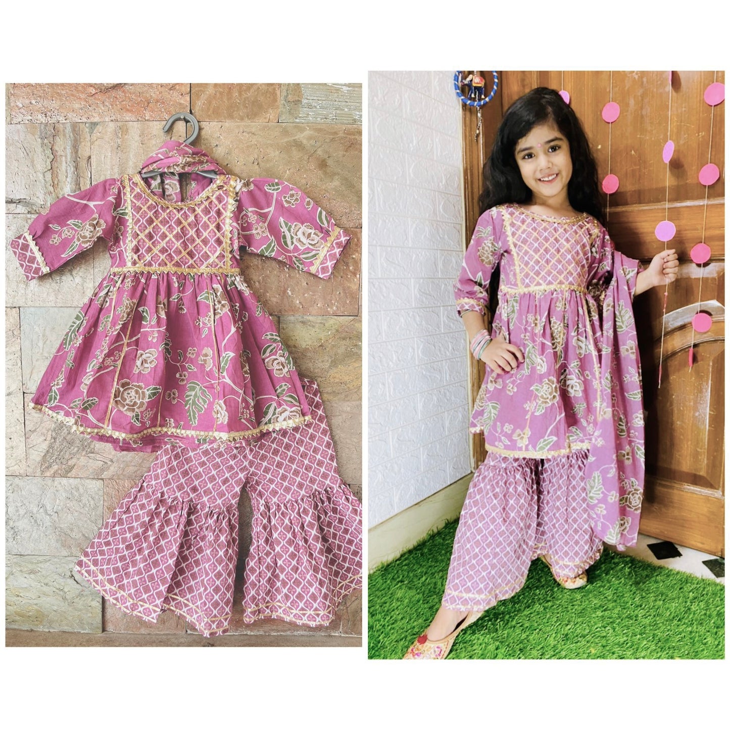 Girls Floral Sharara Kurti Set (Mauve/Blue)