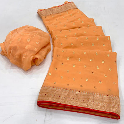 Georgette Foil Print Saree - Pale Orange with tint of Red