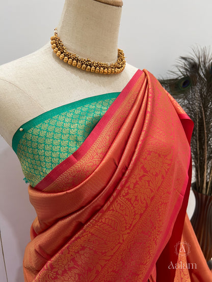 Soft Silk Copper Zari - Red & Green