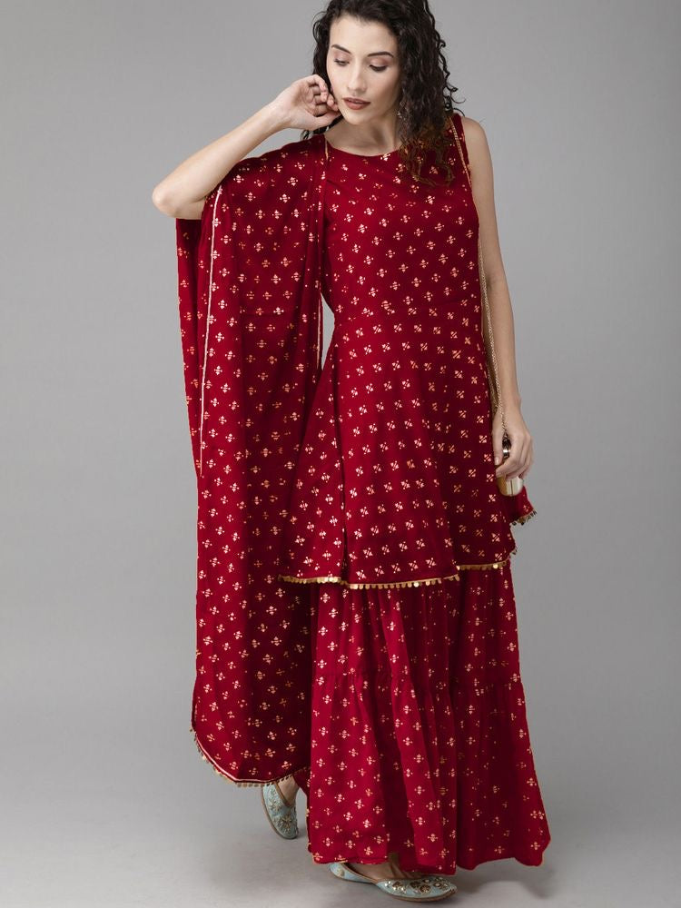 Kurthi Sharara Set - Maroon & Gold