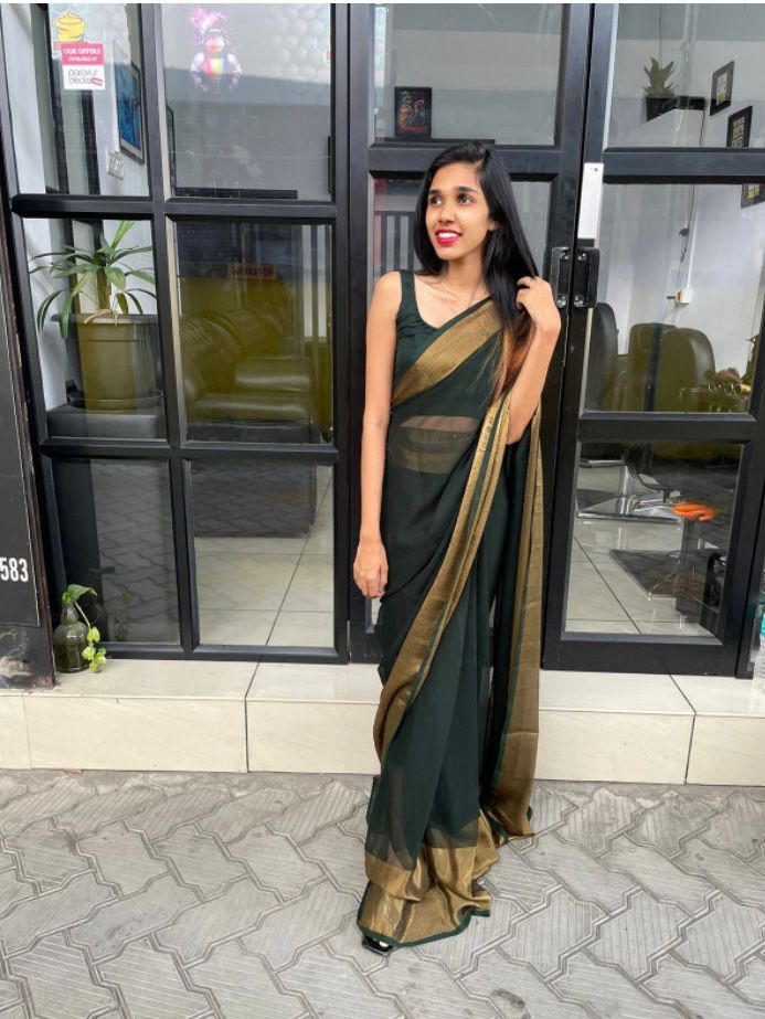 Chiffon Saree with Gold Border - Emerald Green