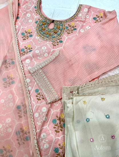 Reha - Cotton Embroidered Sharara Set - Baby Pink & Off-White