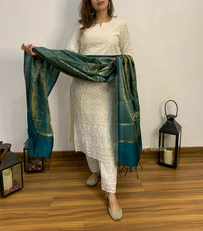 Ayla - Chikankari Kurta Set with Banarasi Silk Dupatta - Off-White & Turquoise